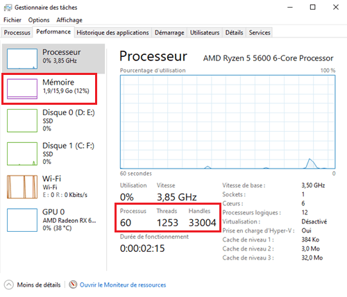 Capture d'écran du gestionnaire de tâches Windows 10, aprés optimisation avec Win11optimizer