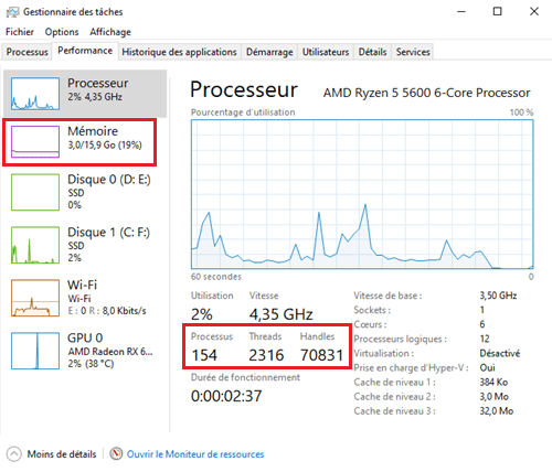 Capture d'écran du gestionnaire de tâches Windows 10, avant optimisation avec Win11optimizer