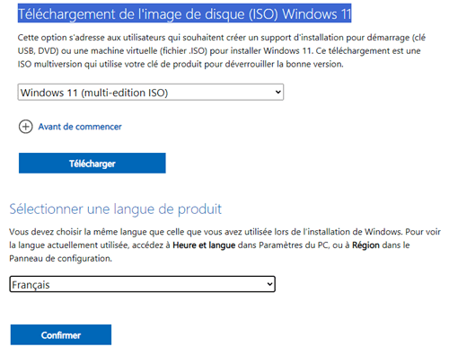 Page de téléchargement de l'image disque Windows 11